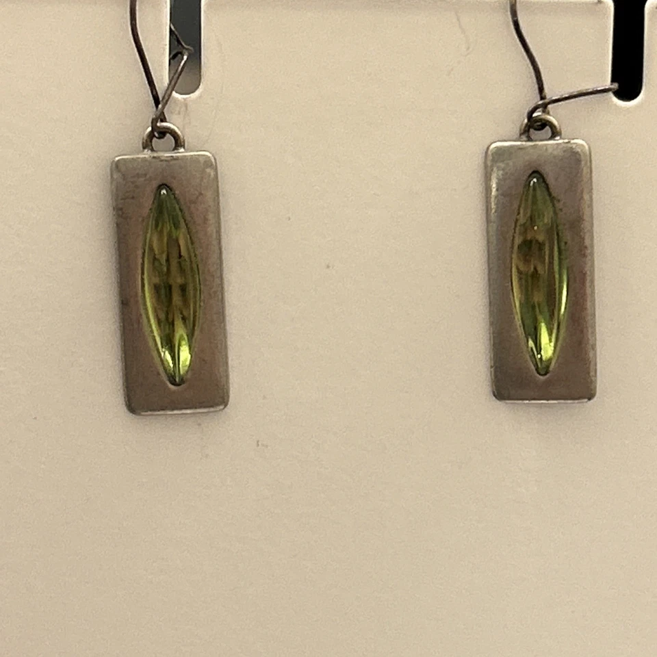Pendientes colgantes rectangulares de vidrio verde peltre firmados por Jorgen Jensen Dinamarca raros Foto 3 de 4