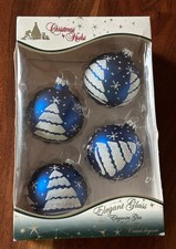 CHRISTMAS by KREBS Set of 4 Blue White Christmas Trees Elegant Glass Ornaments