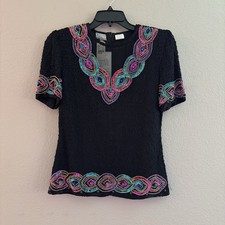 NWT Stenay Vintage 1980  s Beaded Silk Top Colorful Metallic Sequin Size Small