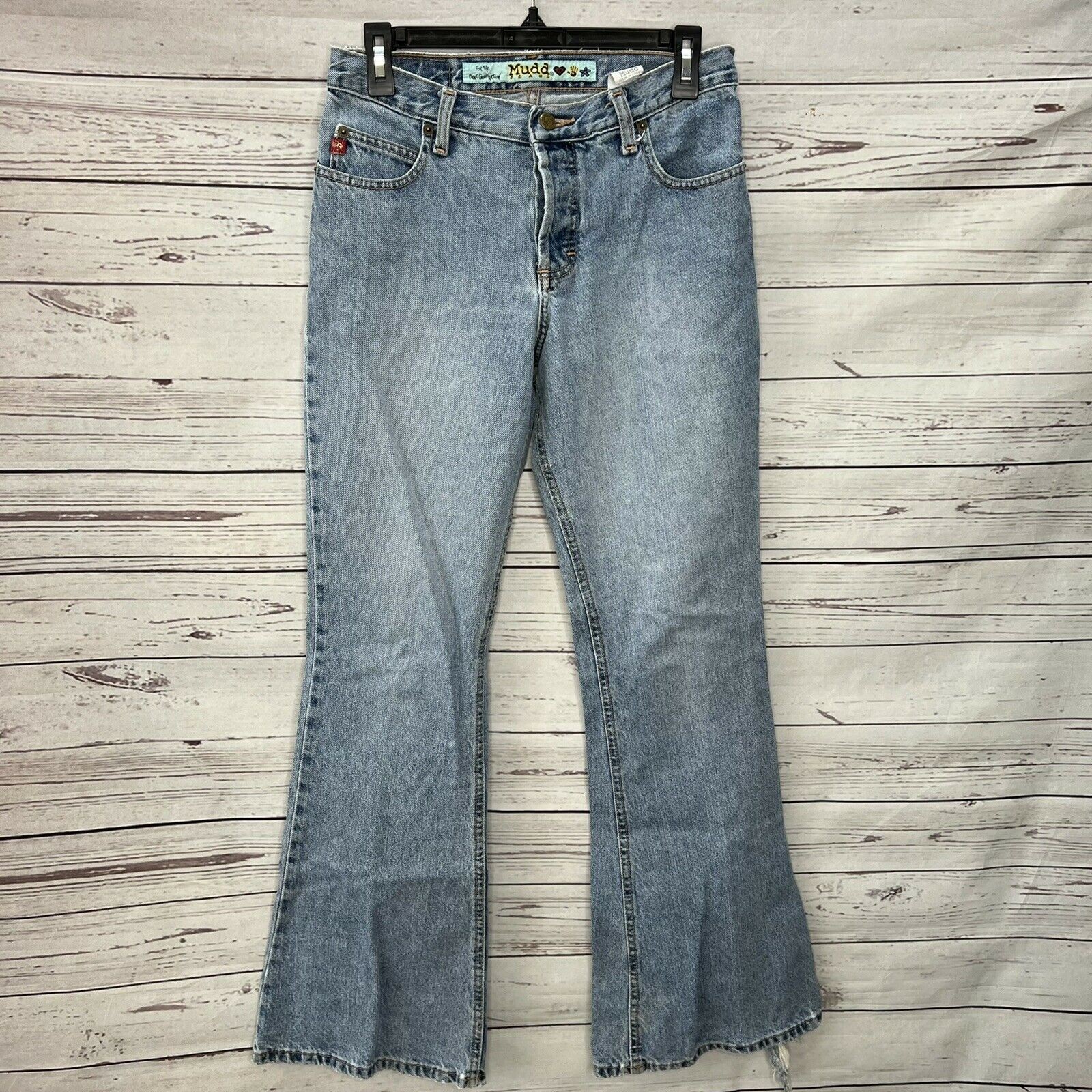 Vintage MUDD Flare Jeans Womens Size 7 Light Wash Button Fly Handprint Destroyed
