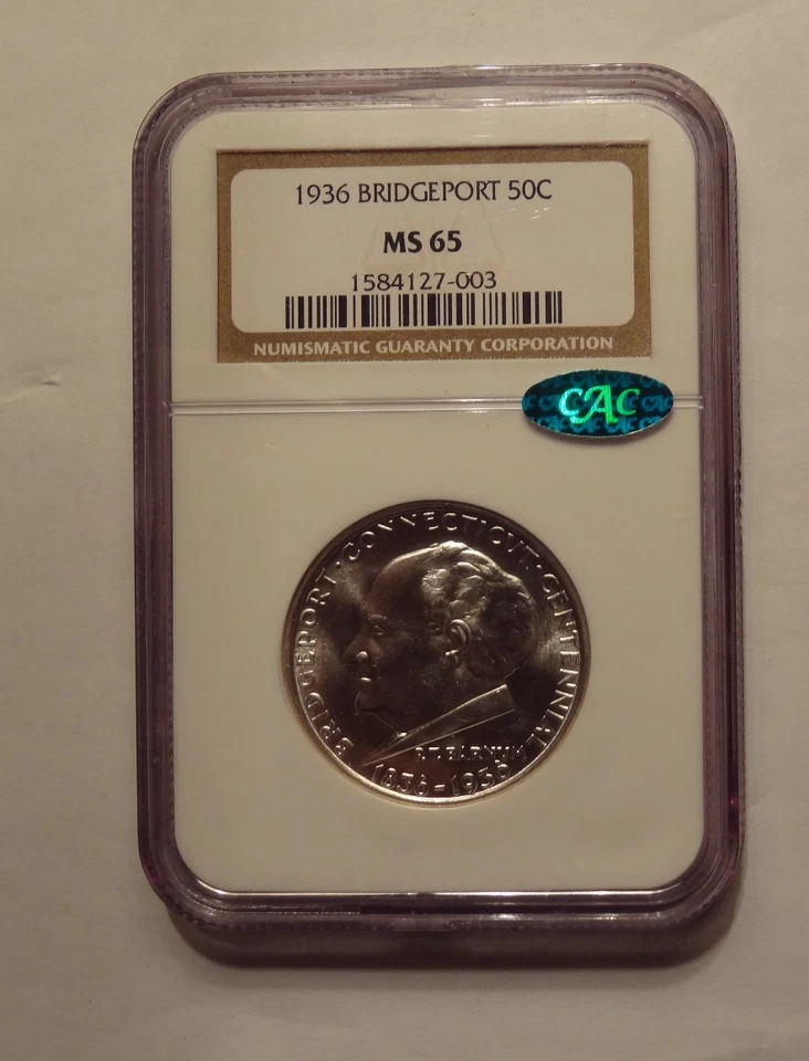 1936 BRIDGEPORT COMMEMORATIVE HALF DOLLAR, NGC MS 65, APPROVED BY CAC. - Image 3 of 3