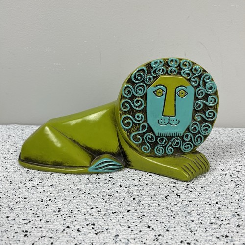 Vintage Pride Creations Lion Coin Bank MCM Green Teal Papier Mache