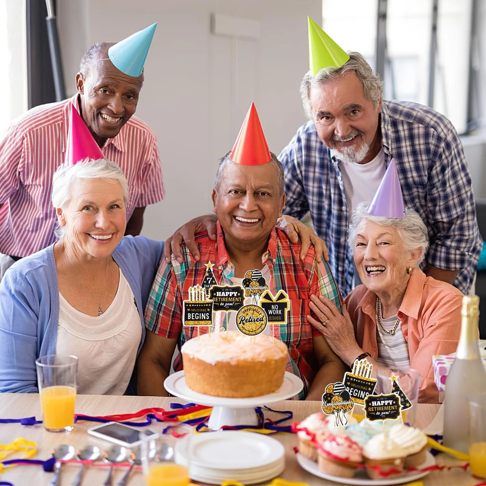 Toppers para cupcakes de feliz jubilación 60 un. - decoraciones de fiesta para pasteles dorados Foto 3 de 4