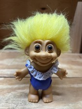 Vintage Russ Troll Doll Yellow Hair Purple White Bathing Suit 5" Tall