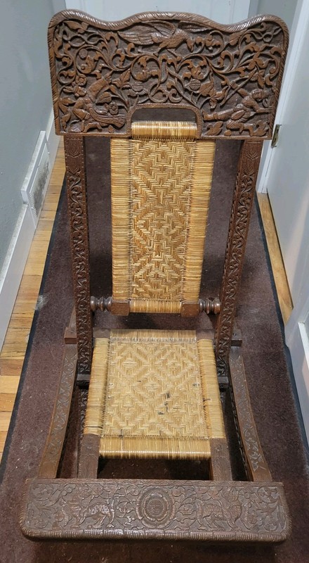 RARE 1900s Antique Hand Carved Asian Burmese Teak Folding Side Chair