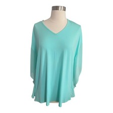 Joan Rivers Women's Teal V-Neck Caftan Blouse with Flowy Sleeve Size Medium