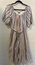 Harlow Rose Dress Women’s XL Striped Blue Pink Tiered BOHO Short Sleeve Peasant