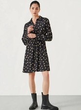 Hush Alba Mini Shirt Dress Button Front Drawstring Waist Black Long Sleeve UK 12