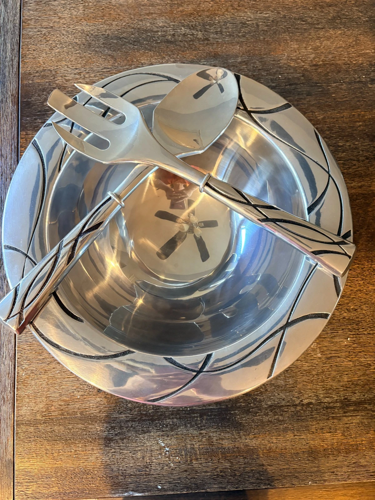 Lenox Vibe Metal Salad Bowl Set Black Swirl Aluminum Serveware w Servers Modern
