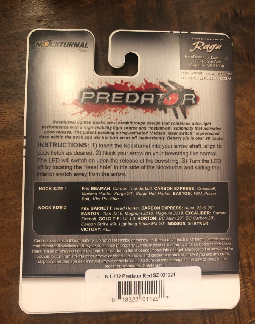 NOCKTURNAL PREDATOR LIGHTED CROSSBOW NOCK SIZE 1-RED LED-NT722 - NEW