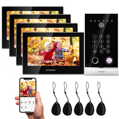TMEZON WLAN 2 Draht Video Türsprechanlage 4x7'' Touch TFT Passwort/Fingerabdruck