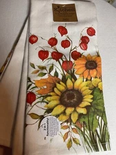 KAY DEE DESIGNS KITCHEN TOWELS (2) SUNFLOWERS LEAVES 100% COTTON NIP
