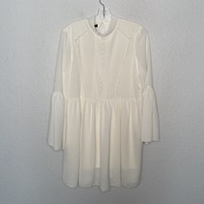 Boohoo Mock Neck Smock Dress White Boho Crotchet Detail Wide Sleeve US 6 UK 10