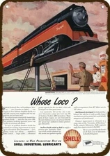 1944 Locomotive Train & SHELL GAS OIL Vintage-Look DECORATIVE REPLICA METAL SIGN