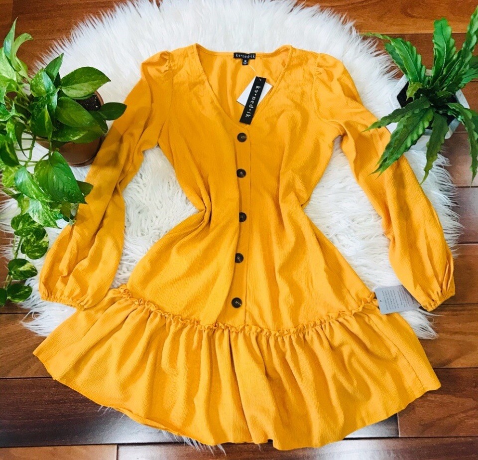Womens NewMustard Ruffle Hem Knit Dress Size M Yellow