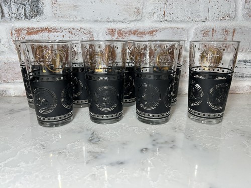 VTG MCM Hazel Atlas Coins Of The World Black & Gold Highball Glass 5” Set Of 4 - Picture 8 of 8
