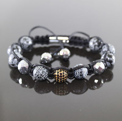  Herren Grau Perlen Armband Zircon Rutilquarz Shamballa für Männer verstellbar