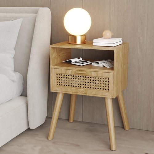 Boho Wood Accent Table Mid-Century Modern Rattan Nightstand 2-Tiers End Table - Picture 2 of 6