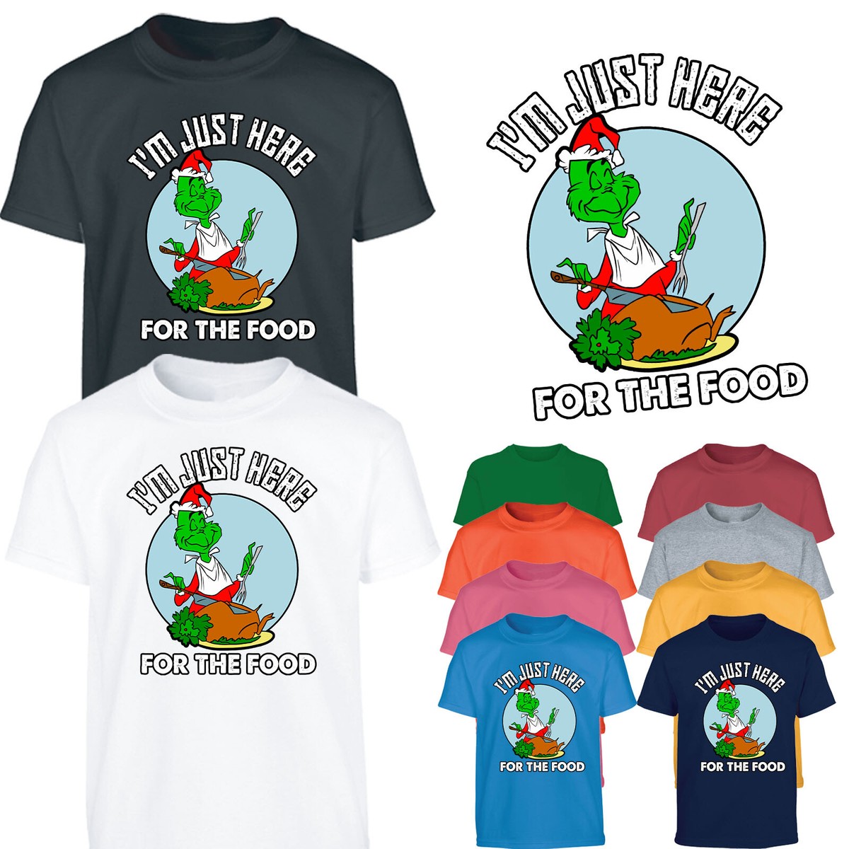 Grinch Boys T-Shirt Movie Christmas Just Here For The Food Funny Gift Girl  Kids