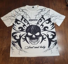 Mens Skull T Shirt Size XL "Spread Soul And Body" Y2K Sheer Tribal Goth *flaw