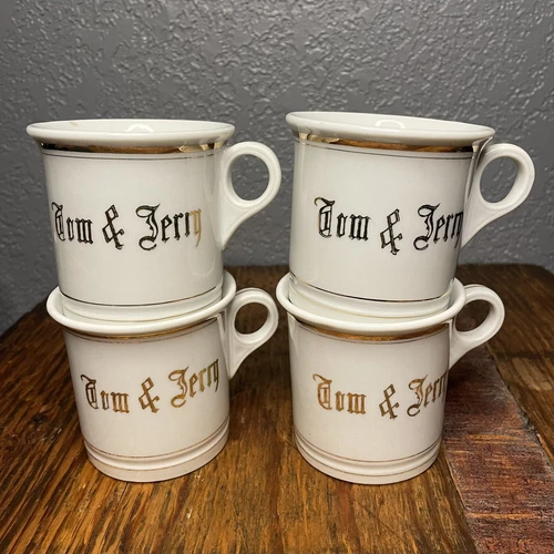 Set of 4 Vintage Tom & Jerry Mugs White w/ Gold Trim Ring Handle Occupied Japan