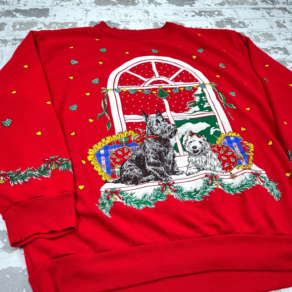 Vintage Christmas Sweater Women Large Red Crewneck Sweatshirt USA 90s Dog AOP * - Image 3 of 4