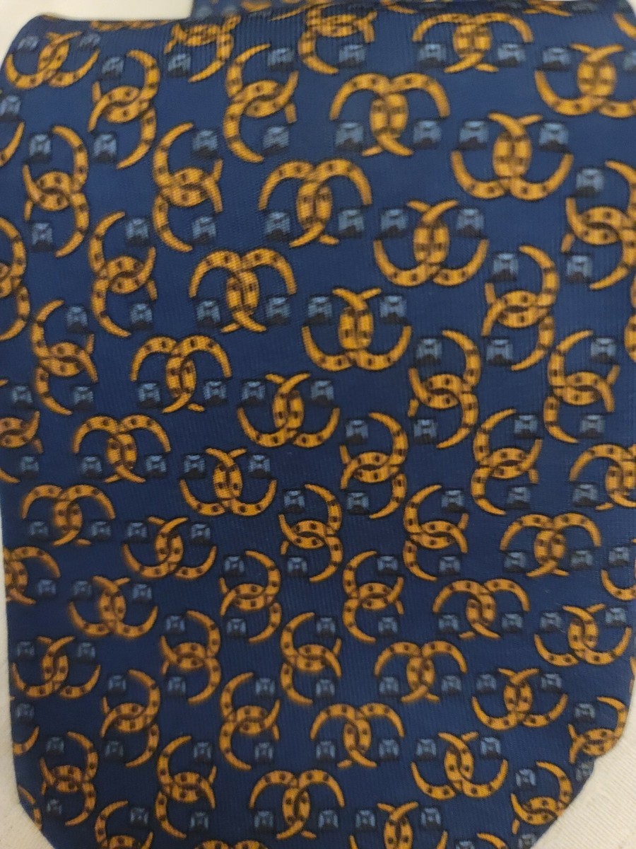 Cravate Hermès Soie Vintage - Modèle 7303 EA Équitation - Bleu - Occasion