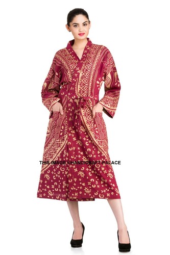 Indian Cotton Mandala Bath Robes Kimono Robe Night Dress Day-gown Day-Coat Boho - Picture 26 of 109