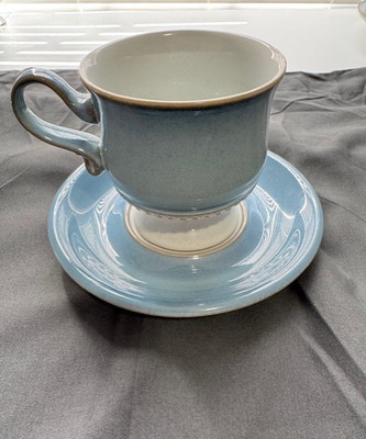 Vintage Denby CASTILE Blue White Footed Coffee Mug & Saucer 3 3/8'' England