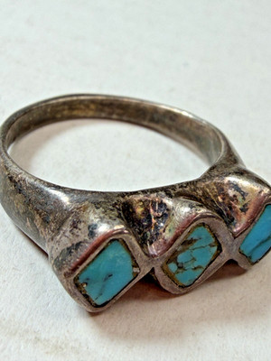 Sterling Silber Ring drei Türkis Stein Stab Band Diamant Muster Größe 5 H1
