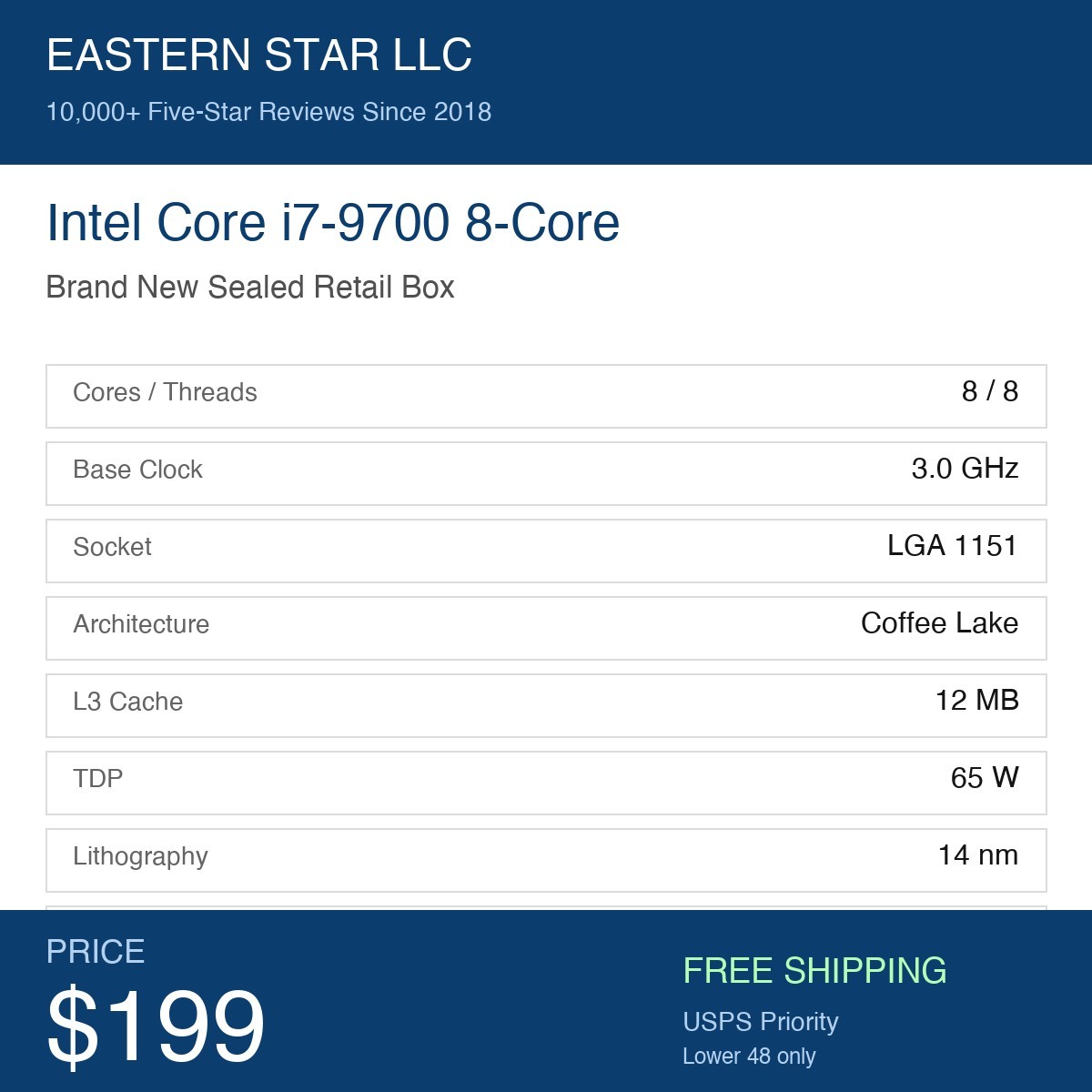 Intel BX80684I79700 Core i7-9700 4.7 GHz LGA1151 Desktop Processor