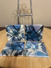 Set Of 4 Hand Painted Tile With Glitter Coasters Resin Coated, 4.25” x 4.25”