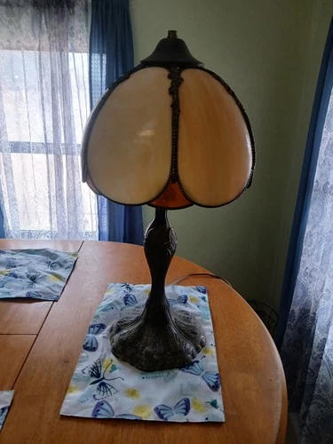 Antique Bronze Table Lamp with Slag Glass Shade