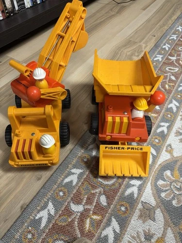 Vintage Fisher Price Dump Truck And Crane Combo Little People Euc
