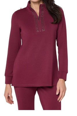 Belle by Kim Gravel Women's ScubaLuxe Sparkle Half-Zip Tunic Zinfandel