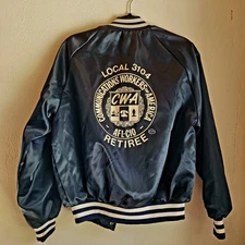 VTG King Louie Blue Satin Bomber Jacket Medium  Retiree CWA 