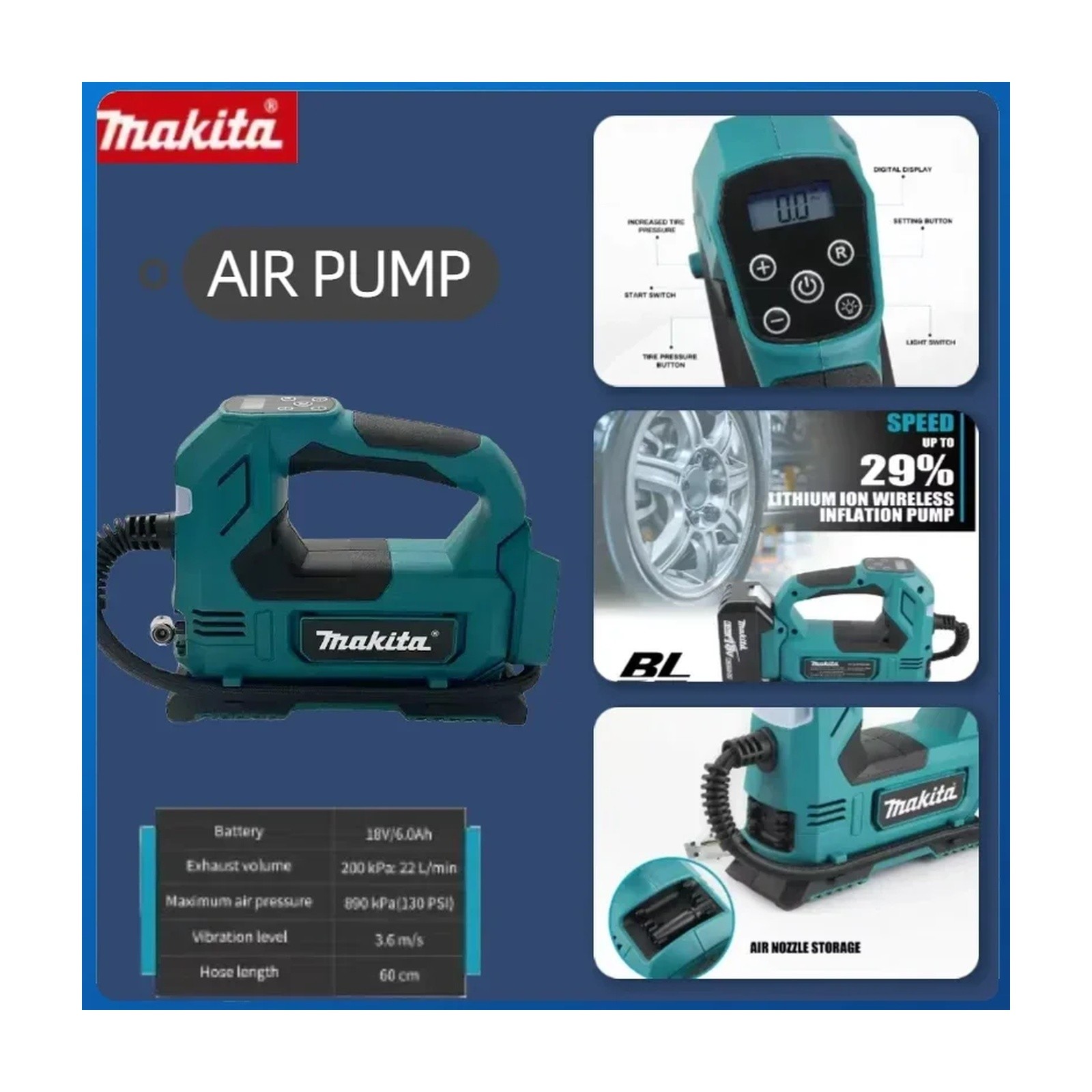 Gonfleur pneus Makita 18V sans fil avec arrêt automatique de pression