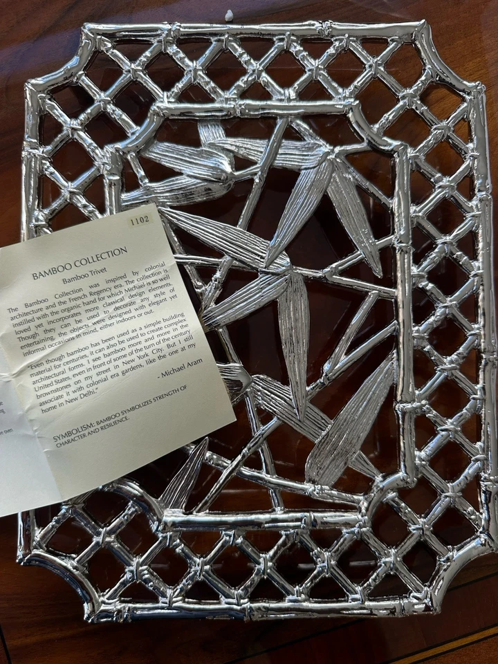 Remache de bambú Michael Aram - Diseño de celosía de placa de níquel, firmado, sin usar con caja Foto 4 de 4