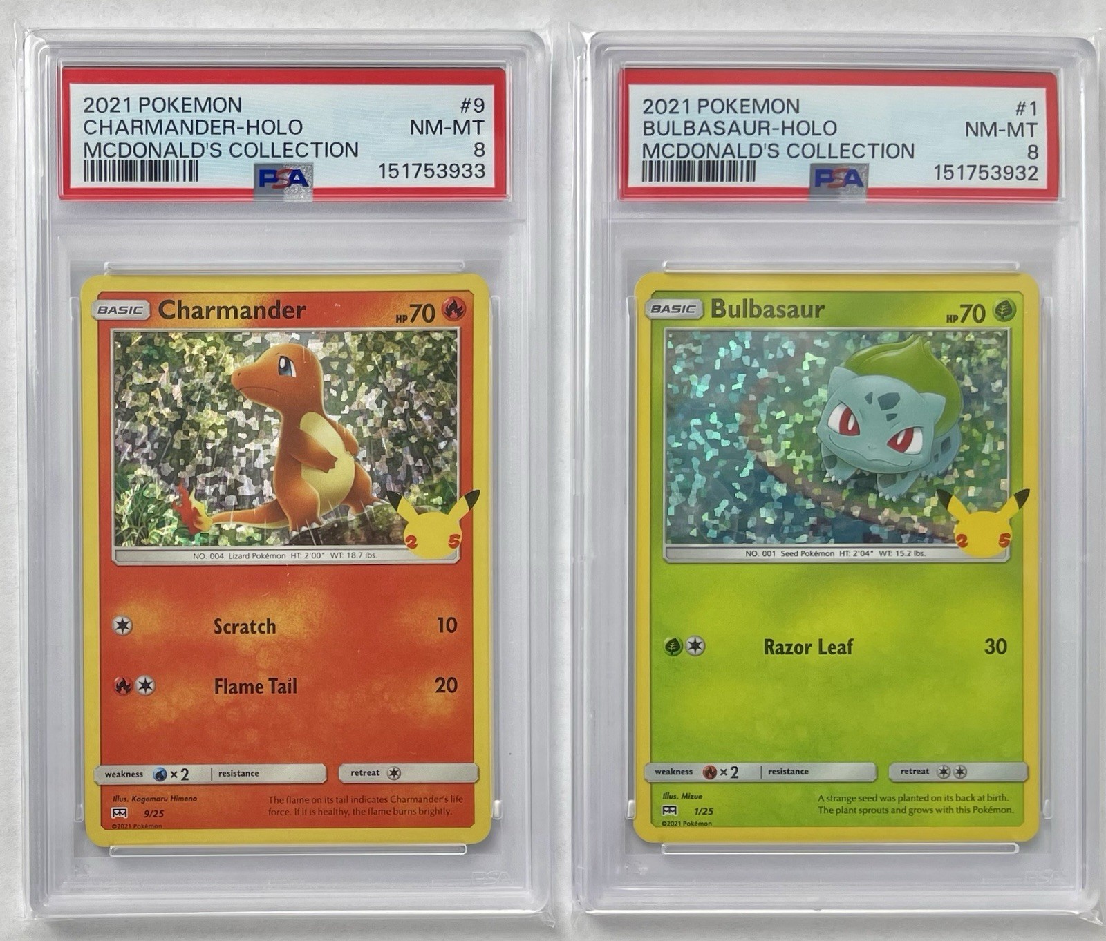 2021 Pokemon 25th Celebrations Charmander & Bulbasaur Holo McDonald's 9/25 PSA 8