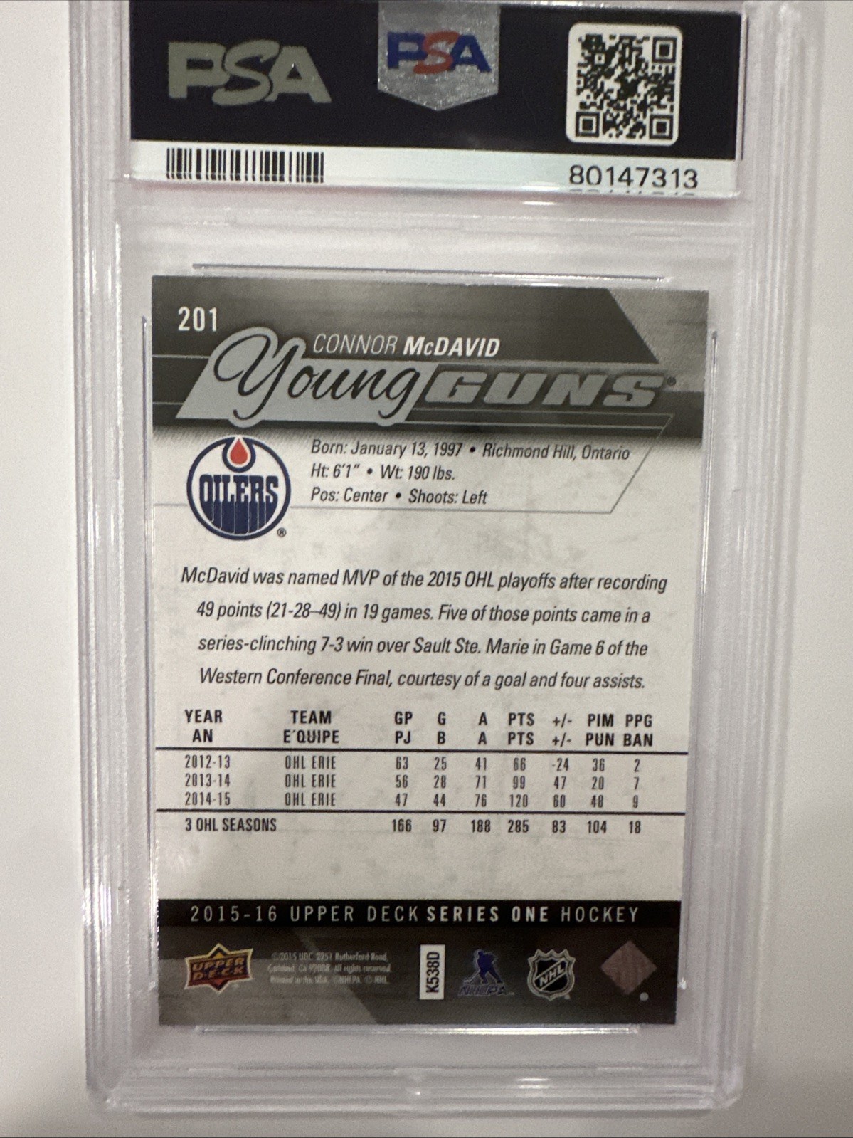 2015-16 Upper Deck Young Guns Connor McDavid Oilers Rookie card PSA 9 Auto #201 view 6