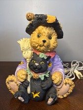 Vintage Halloween Teddy Bear in Witch Outfit w/ Black Cat 9.5  Light Up Statue
