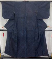 Japanese Vintage Kimono Silk Navy Tumugi Traditional Authentic Length 59 in