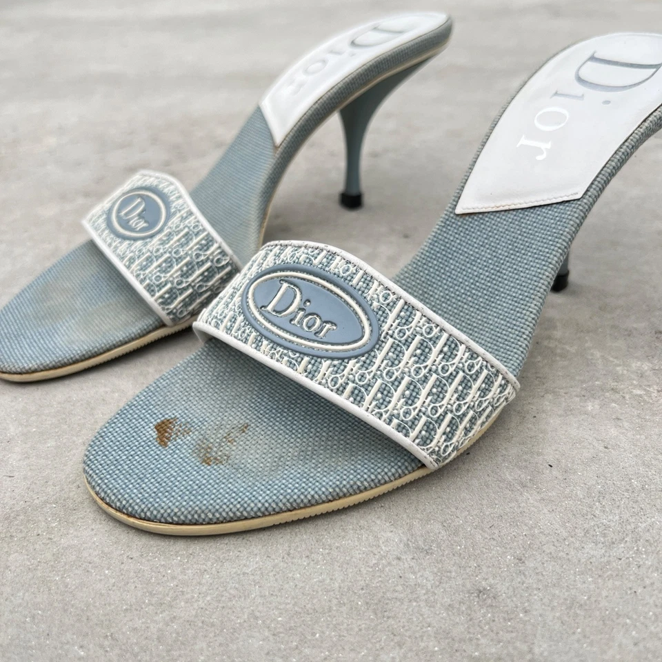 Dior | Authentic Vintage Logo Monogram Denim Blue White Mules Rare (37) - Image 4 of 4