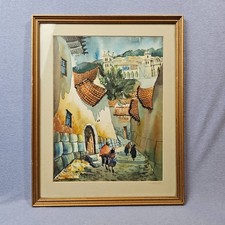 Pintura Acuarela Peruana Escena Callejera De Colección Enmarcada Firmada San Cristóbal, Cusco