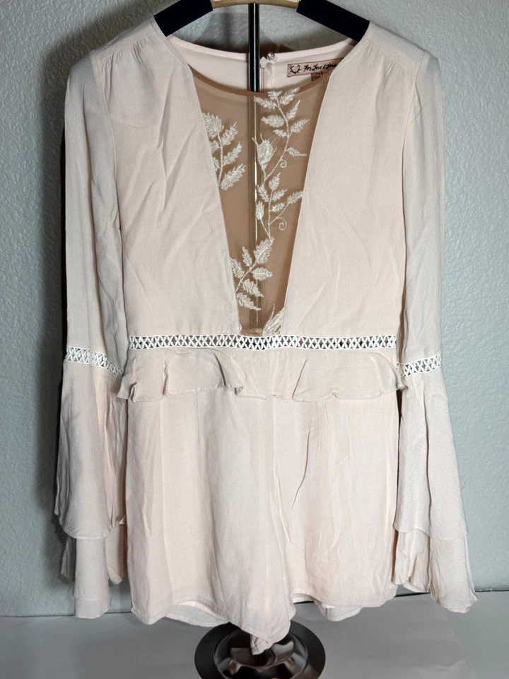 For Love & Lemons Emelia Romper 女式 S 粉色灰尘荷叶边背面拉链喇叭袖 — 第 3/4 张图片