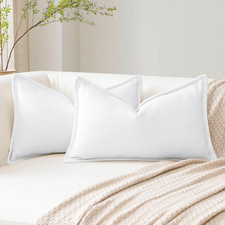 Pack of 2 White Decorative Pillow Covers 12x20 Inch Soft Linen Texture Couch Thr
