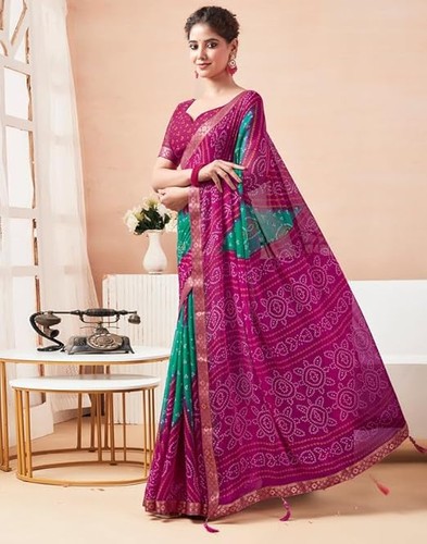 Indian Sarees Ror Women Bandhani Printed Chiffon Saree With Blouse - Picture 24 of 35