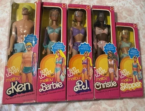 Sun loving Malibu Barbie, Ken, Skipper, PJ and Christie. COMPLETE SET.