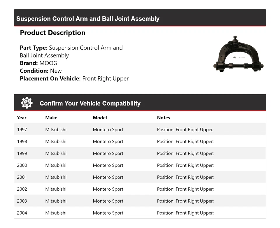 Рычаг управления передний правый верхний для Mitsubishi Montero 1997-2004 годов выпуска MOOG 1997 - Изображение 2 из 4