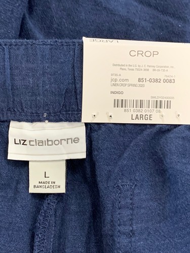 Liz Claiborne Cropped Pants Women L Blue Cotton Linen Pockets Elastic Waist NWTs - Picture 10 of 11